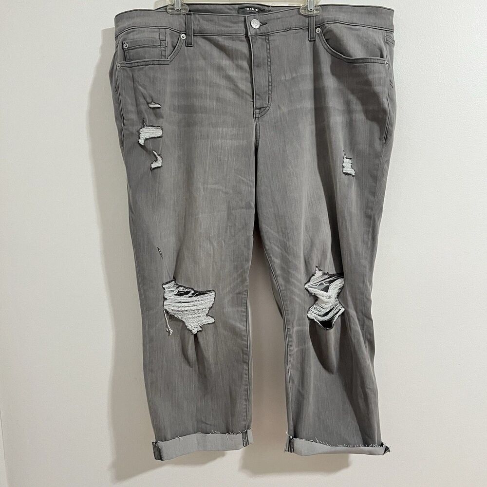 Torrid Crop Boyfriend Size 24 Plus Gray Distressed Folded Hem Denim Super Soft
